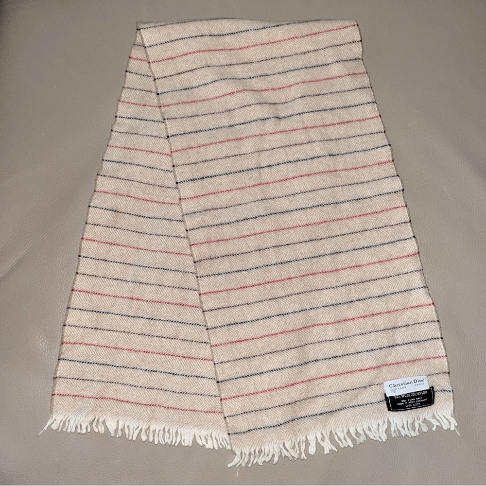 CHRISTIAN DIOR Scarf beige/stripes short fringe Wool/Nylon Germany WPL6274 Vtg